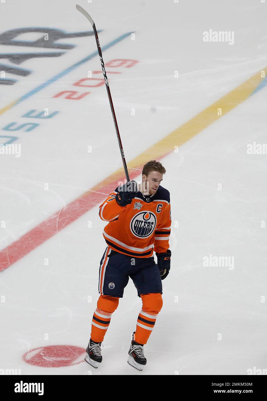 Edmonton Oilers Connor McDavid reacts after finishing first as the fastest skater during the skills competition, part of the NHL hockey All-Star weekend, in San Jose, Calif., Friday, Jan