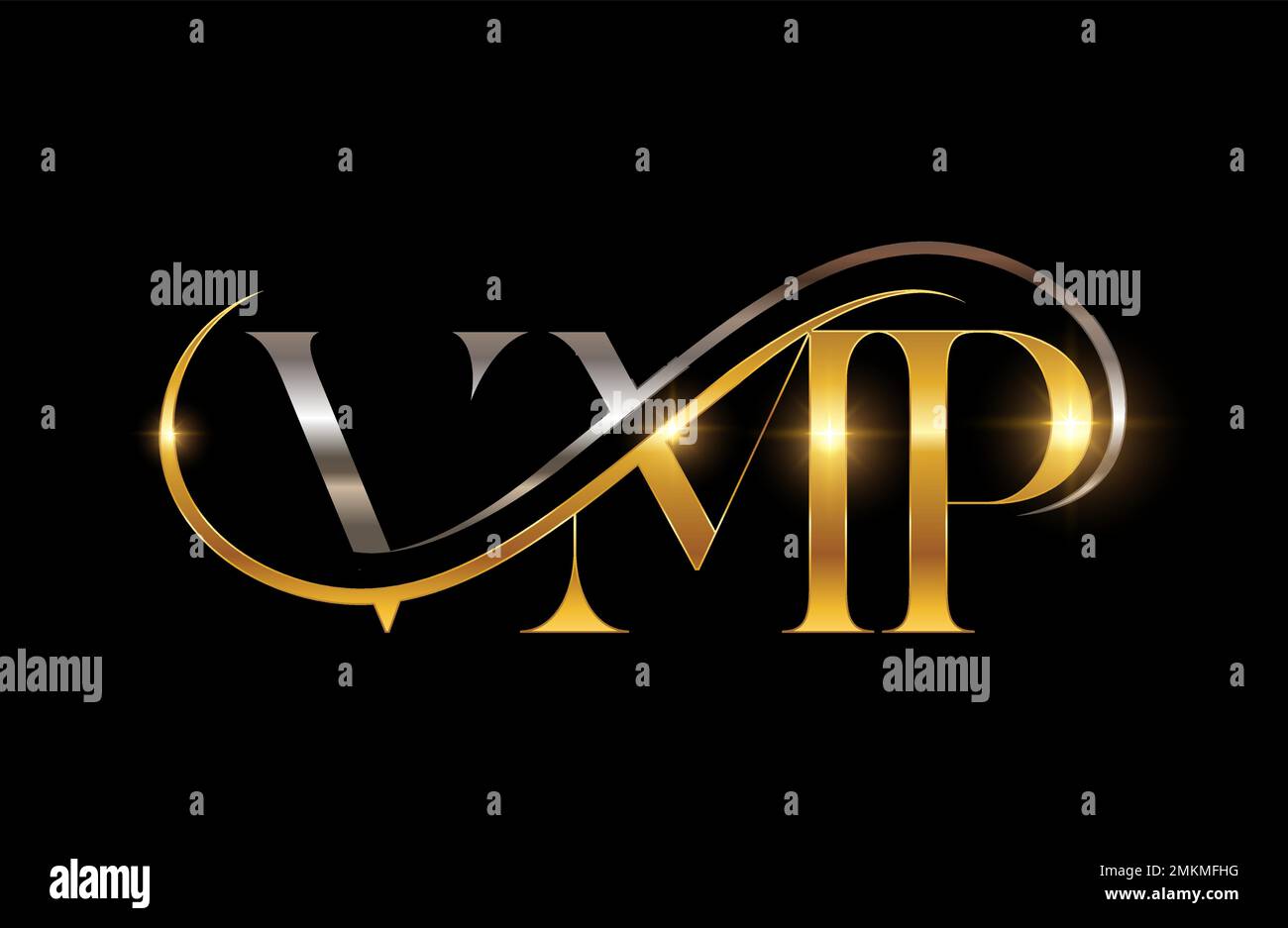 A vector illustration of VMP monogram Logo in gold and silver sign ...