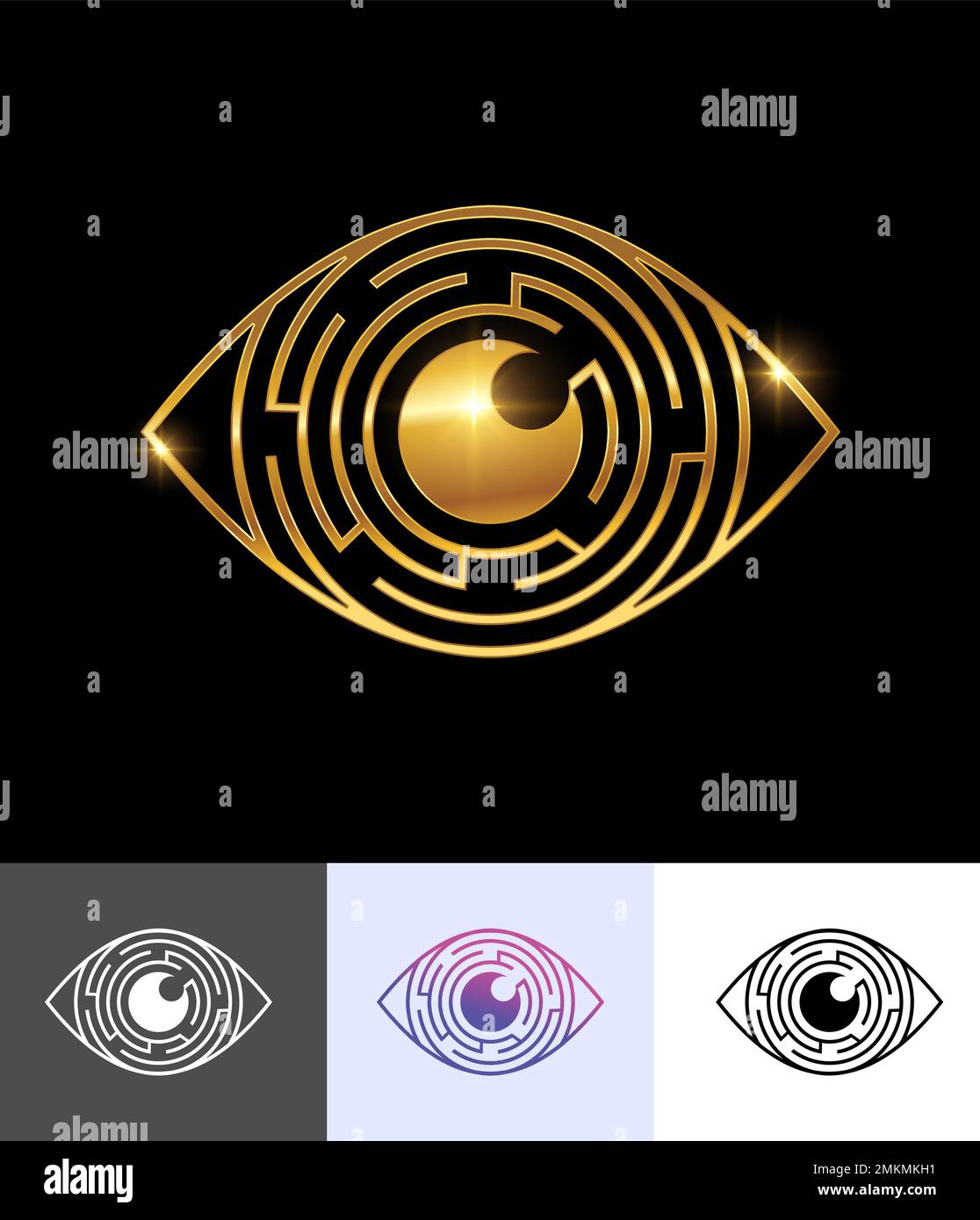 A vector illustration set of Golden Eye Symbol Vector Sign in black background with gold shine effect Stock Vector