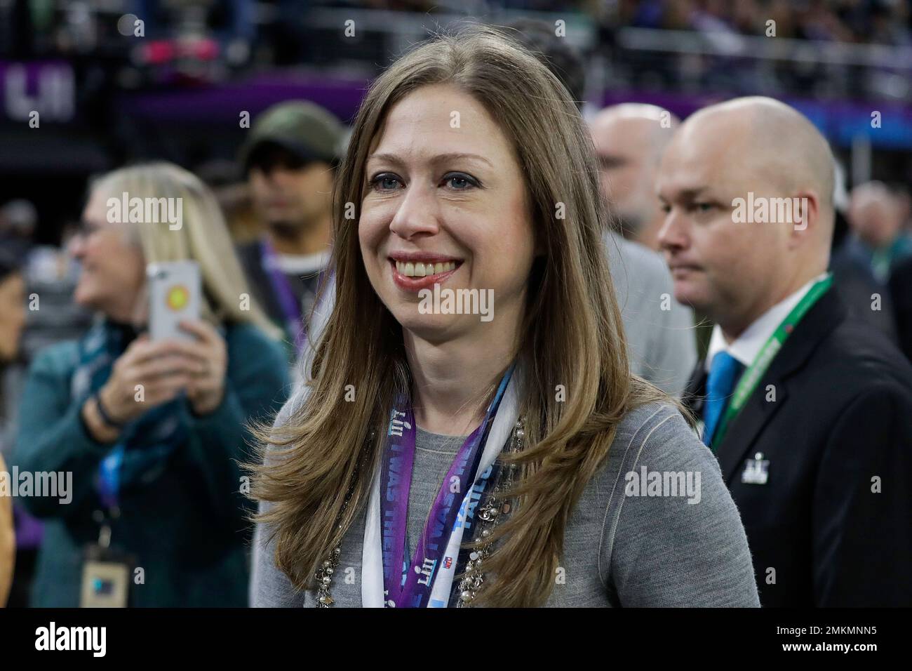 FILE - In this Feb. 4, 2018, file photo, Chelsea Clinton is seen before the  NFL Super Bowl 52 football game between the Philadelphia Eagles and the New  England Patriots in Minneapolis.
