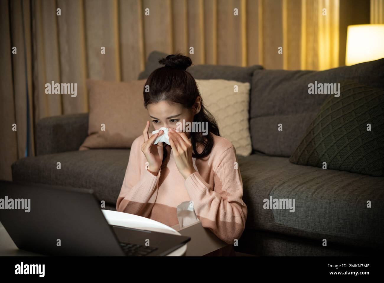 The young lady eat at home use the computer Stock Photo