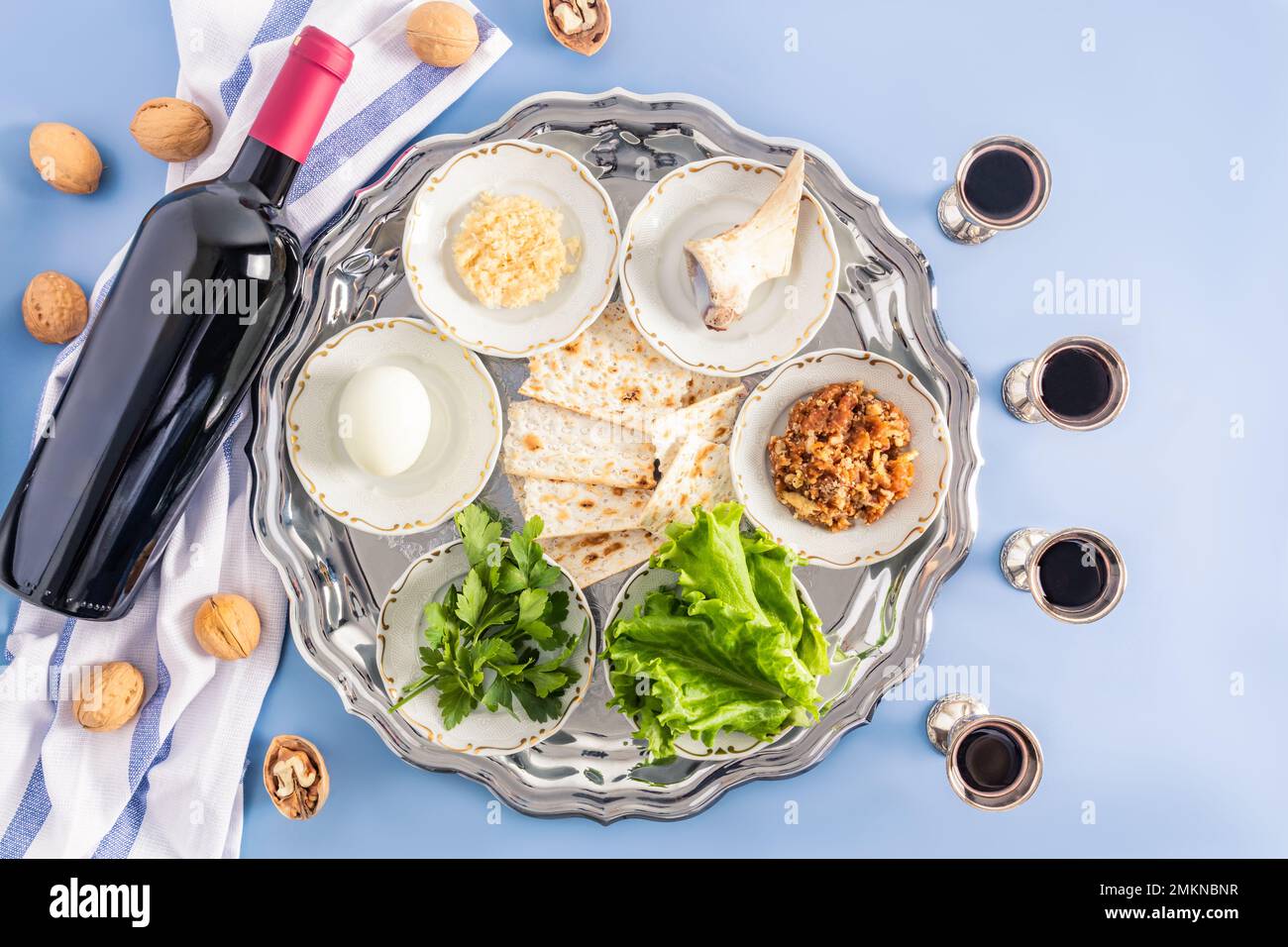 a silver platter with traditional Treats for the Jewish Passover, a