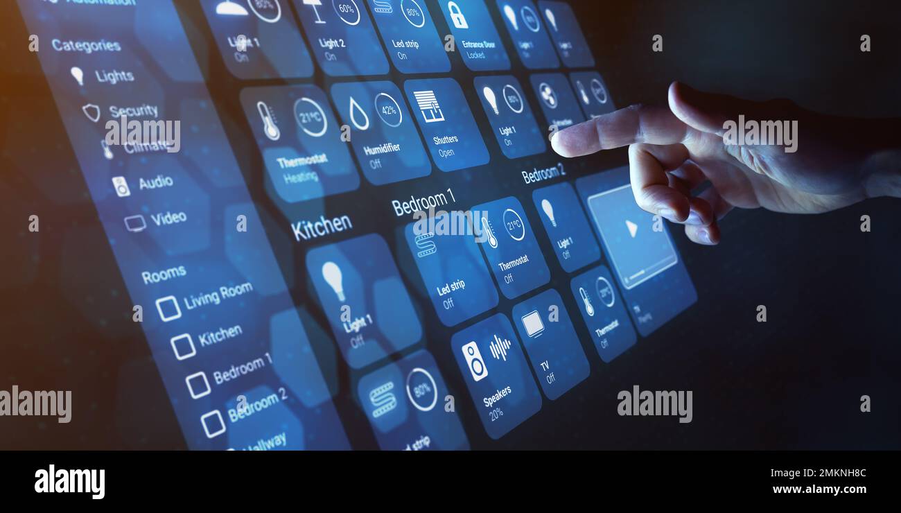 Smart home dashboard to control smart devices and set up home automation technology. Assistant for connected devices, smart lock, lights, thermostat. Stock Photo