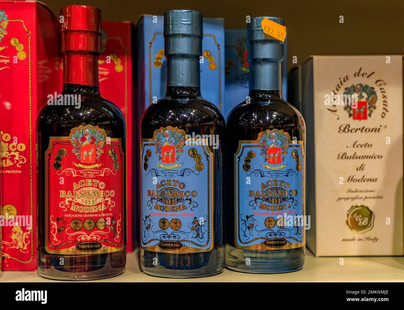 Florence, Italy - June 03, 2022: bottles of Bertoni balsamic vinegar from Modena aged from 4 to 8 years at a shop in Central Market Mercato Centrale Stock Photo