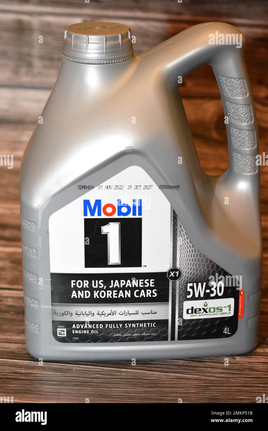 Cairo, Egypt, January 23 2023 Mobil one 1 5W30 Dexos 1 GM approved, Advanced fully synthetic