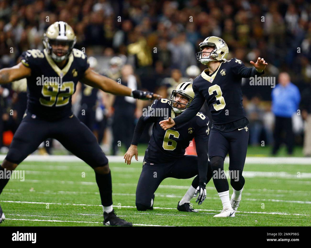 New Orleans Saints kicker Wil Lutz (3) watches his field goal go