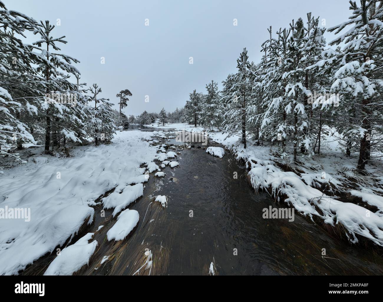 An aerial view of a frozen river flowing through snow-covered forests ...