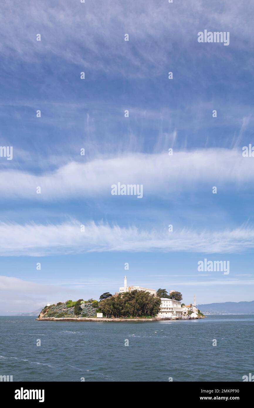 SAN FRANCISCO, CA - April 26, 2010. Alcatraz prison, Alcatraz Island with blue sky in San Francisco Bay, California Stock Photo