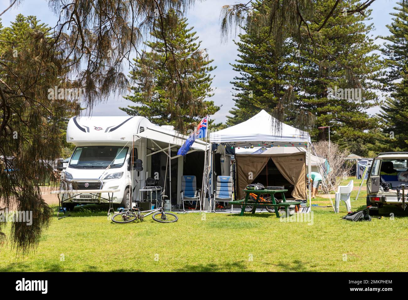 Australian camping, camp site and motorhome site at Narrabeen in Sydney, Australians enjoying
