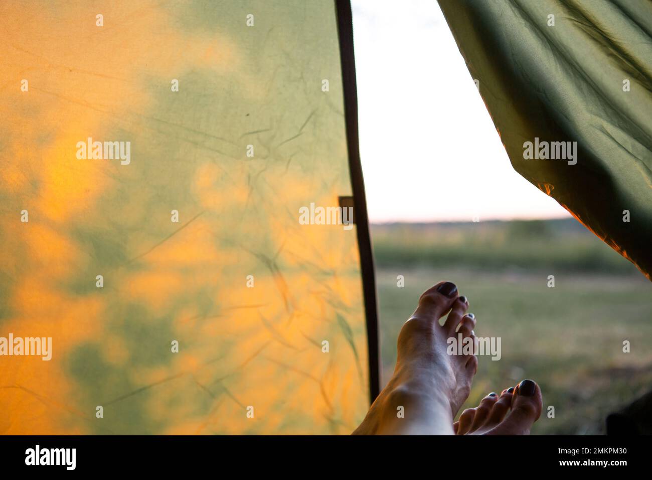 View from inside the tourist tent on a sunny day and nature. Active camping, environmental friendliness, adventure Stock Photo