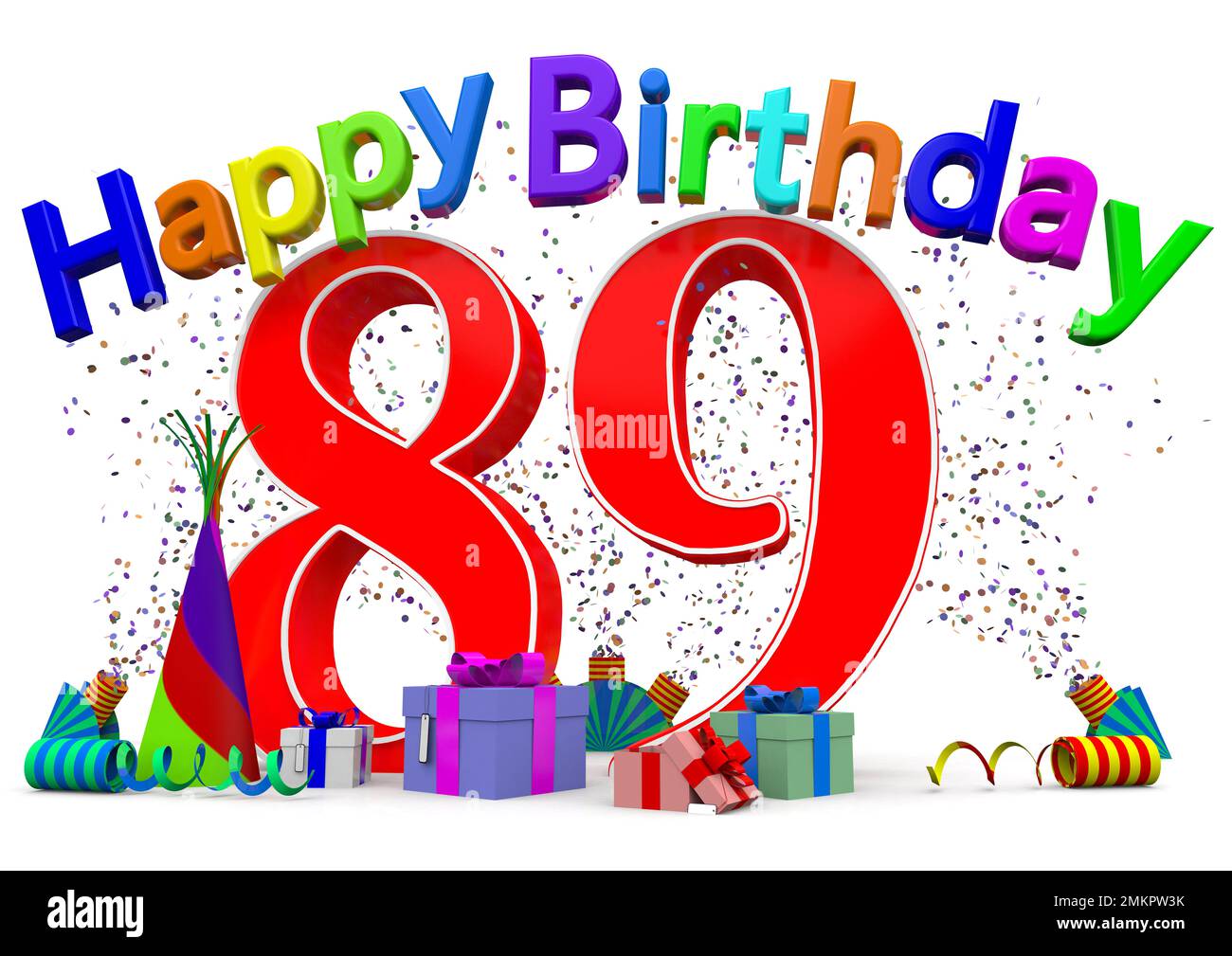A big number with presents, confetti and the lettering Happy Birthday