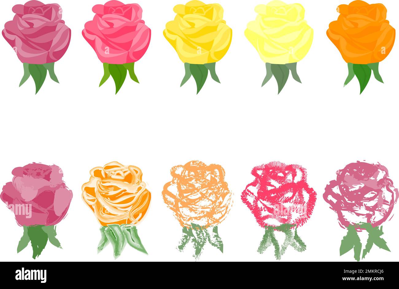 Set of various colored abstract rose flowers drawn in flat style, painting and watercolor Stock Vector