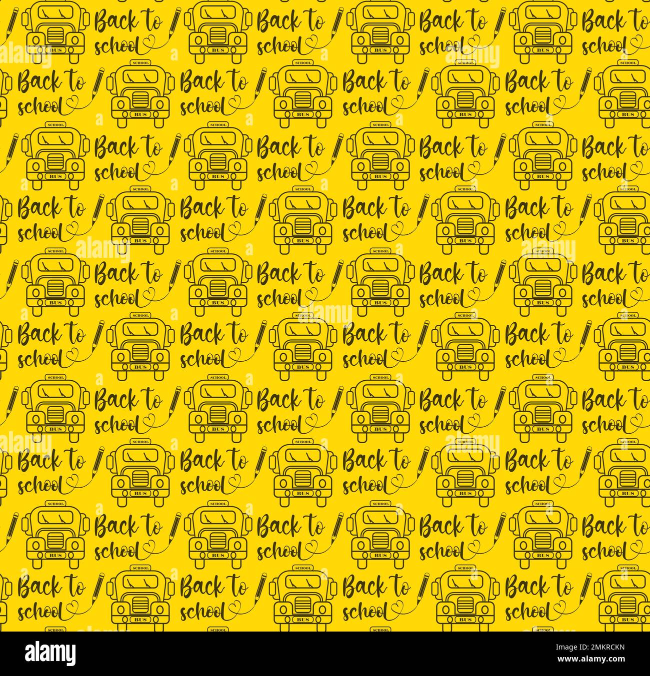 Seamless pattern with school bus on yellow background drawing in outline style Stock Vector