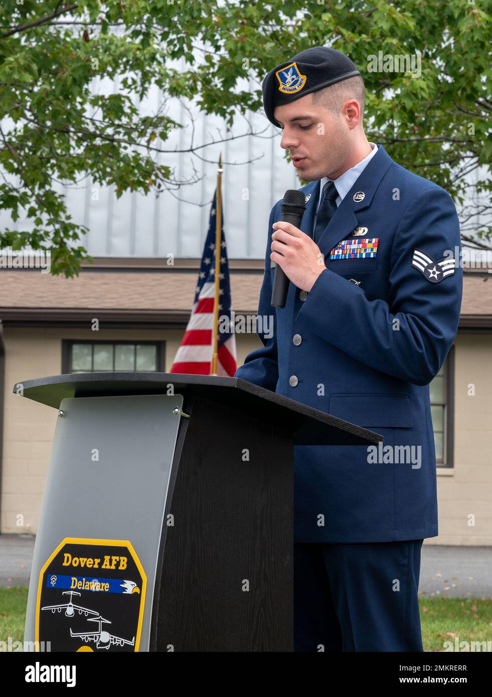 Senior Airman Austin Corvo, 436th Security Forces Squadron response force member, recites the Security Forces Prayer during the 21st Anniversary 9/11 Memorial Ceremony held at the Air Mobility Command Museum on Dover Air Force Base, Delaware, Sept. 11, 2022. The base hosted the ceremony to remember and honor those who perished in the attacks on Sept. 11, 2001. Stock Photo