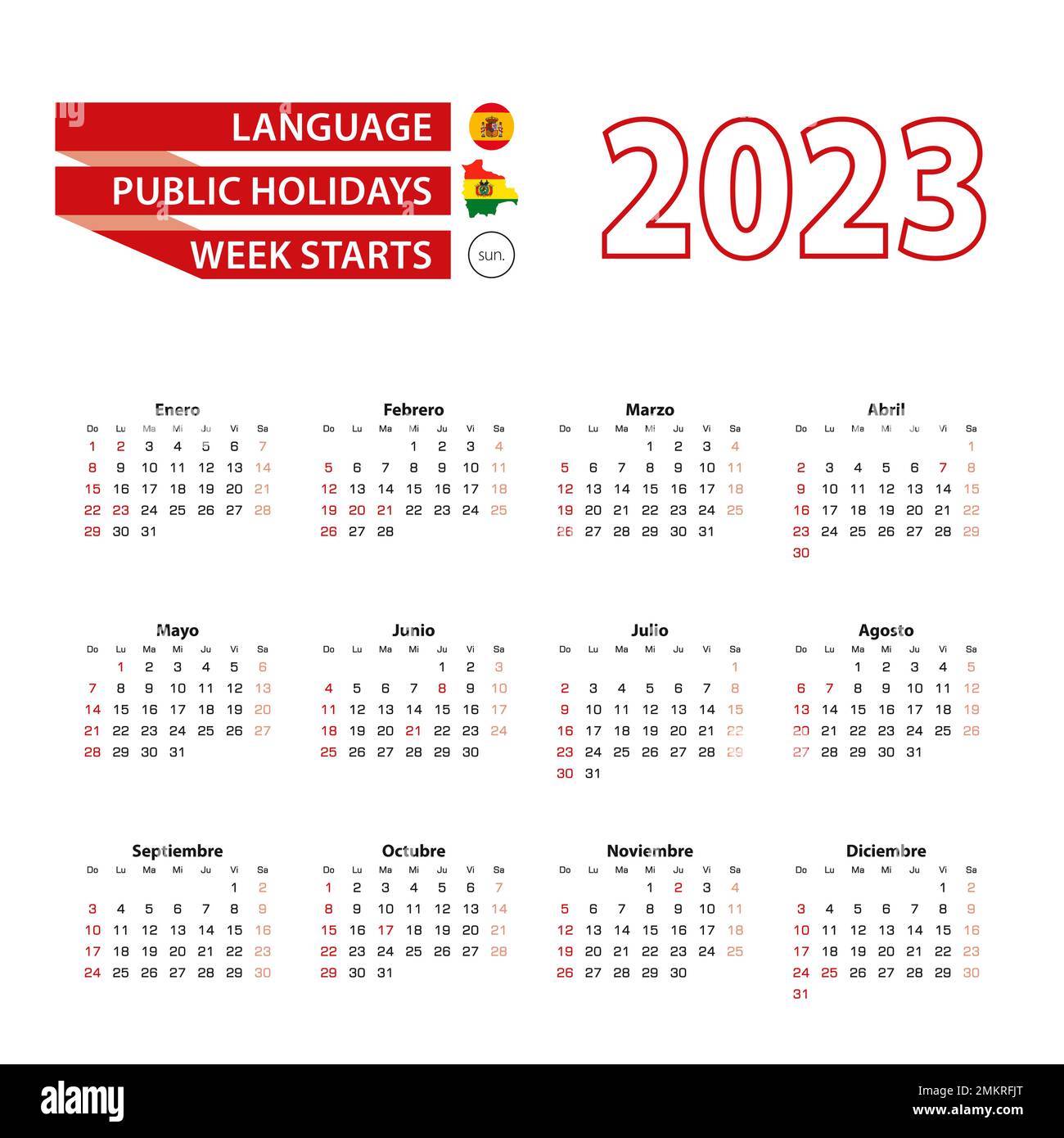 Calendar 2023 in Spanish language with public holidays the country of ...
