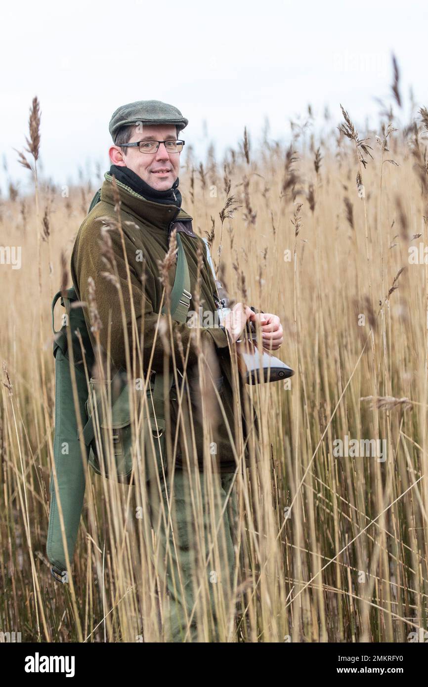 wildfowler in reed beds Stock Photo