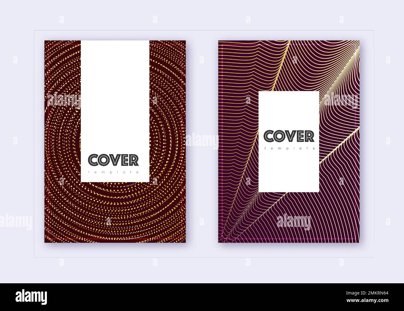 Hipster cover design template set. Gold abstract lines on maroon
