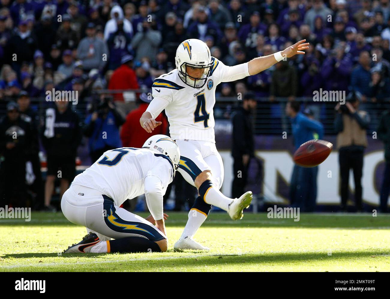 Los Angeles Chargers kicker Mike Badgley (4) kicks a field goal in the