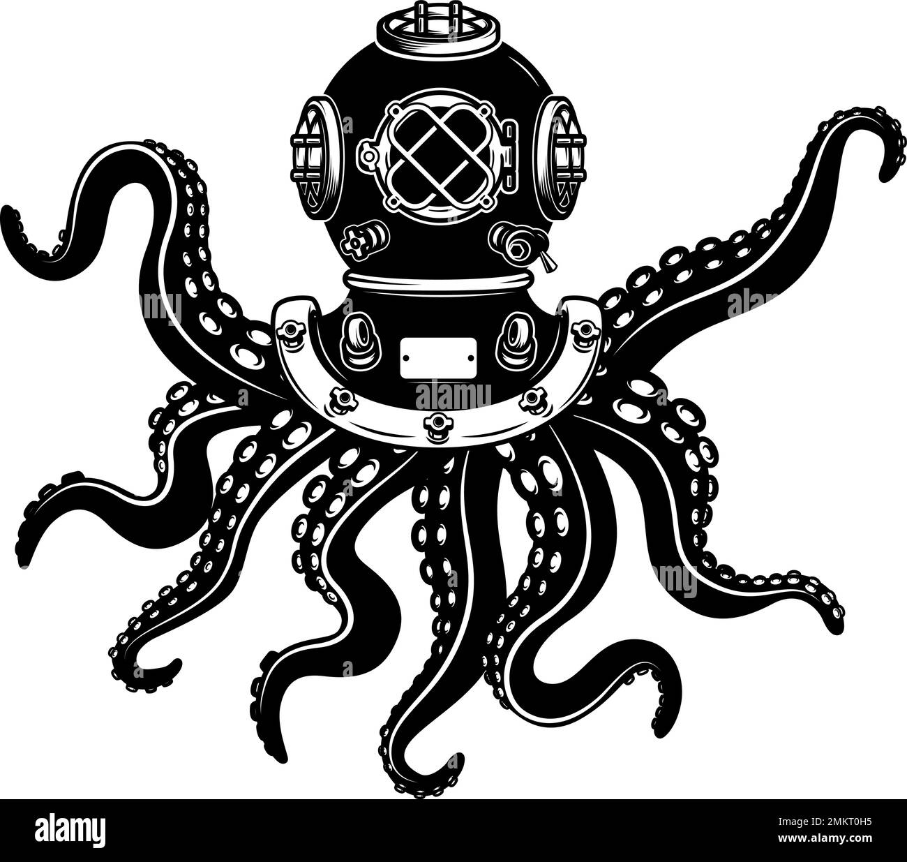 Illustration of vintage diver helmet with octopus tentacles. Design