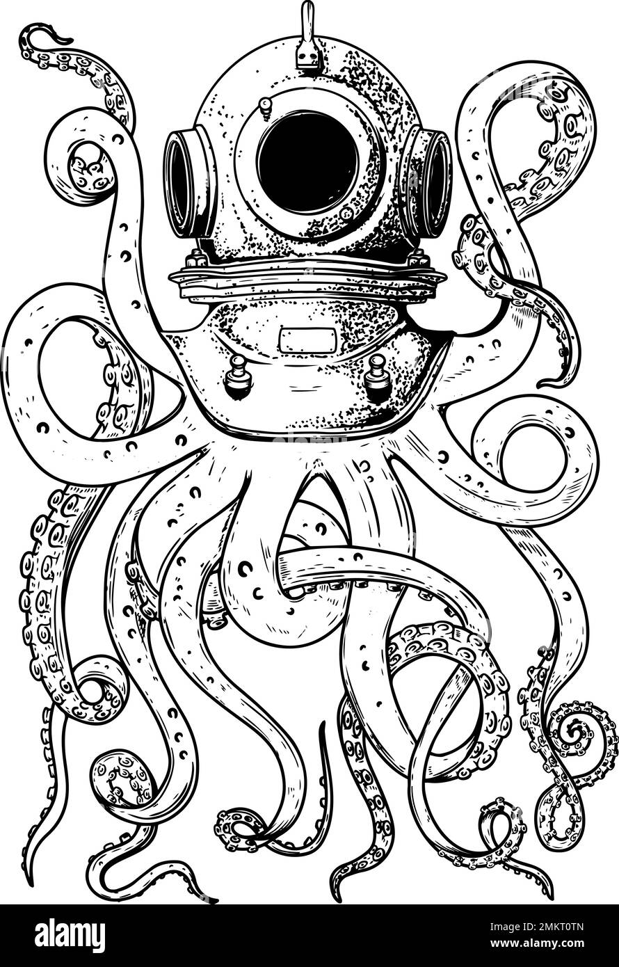 Illustration of vintage diver helmet with octopus tentacles. Design