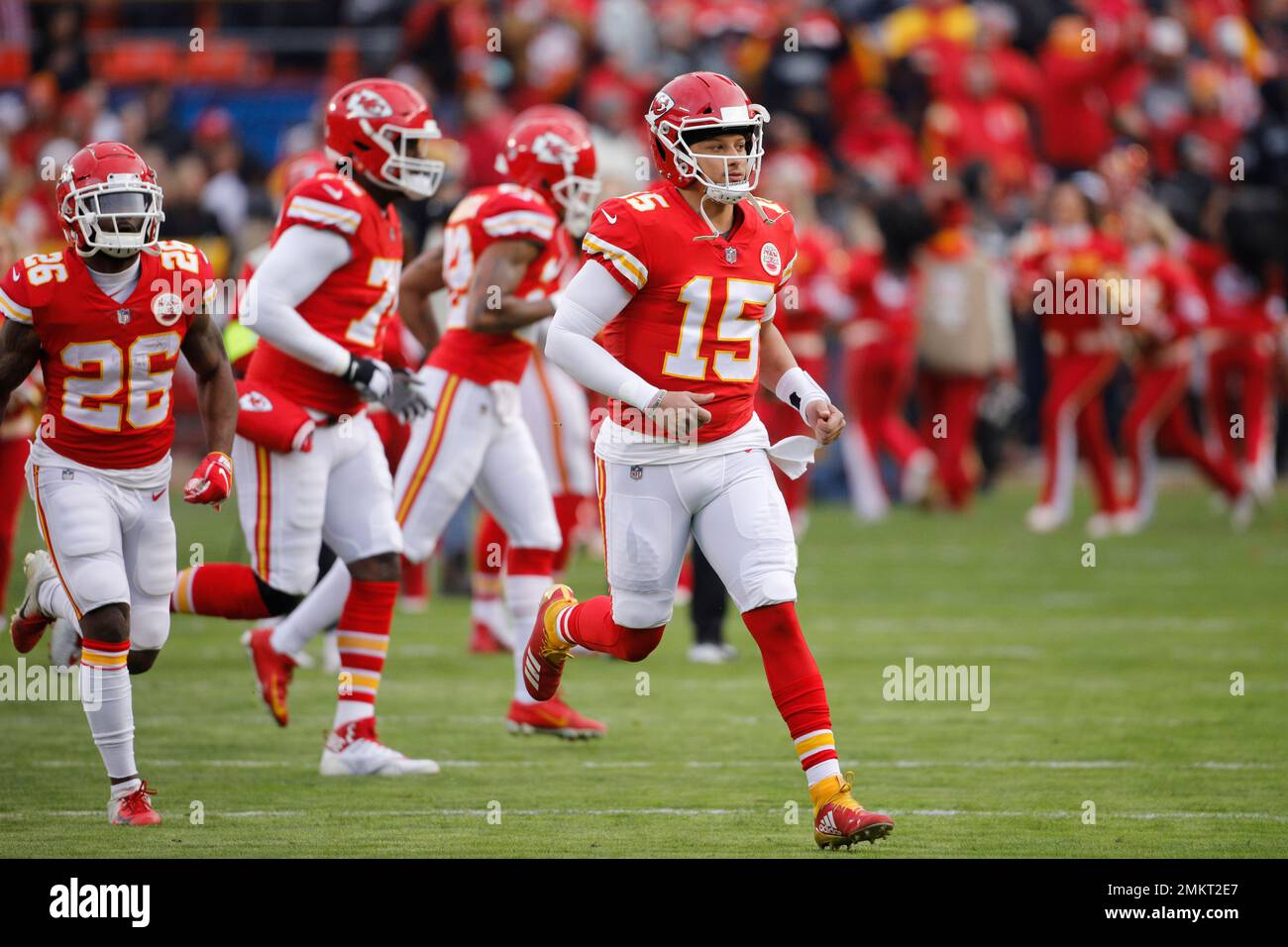 Kansas City Chiefs quarterback Patrick Mahomes (15) leads his team on ...