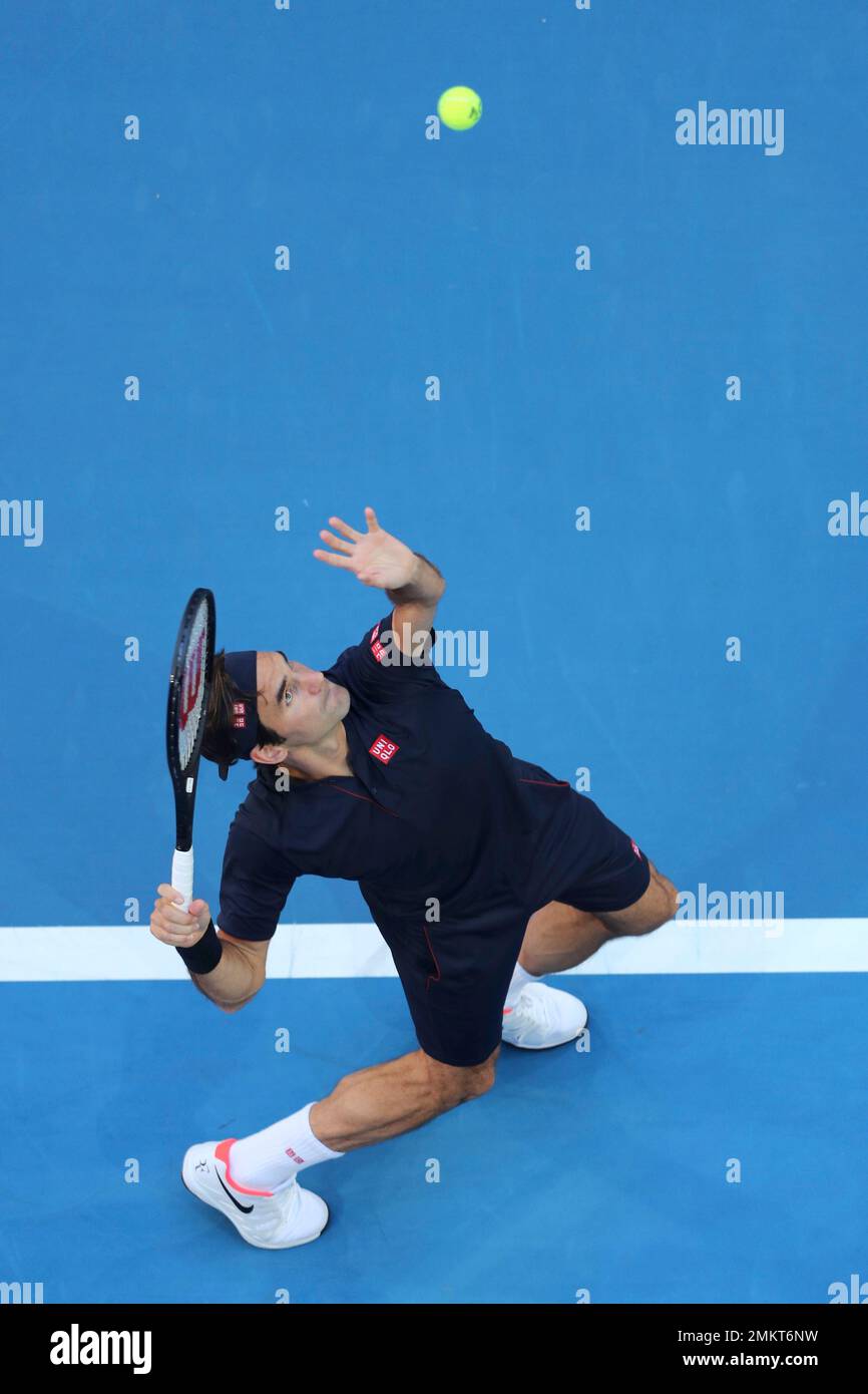 Switzerland's Roger Federer serves during his match against Alexander Zverev  of Germany in the final of the Hopman Cup tennis tournament in Perth,  Australia, Saturday Jan. 5, 2019. (AP Photo/Trevor Collens Stock