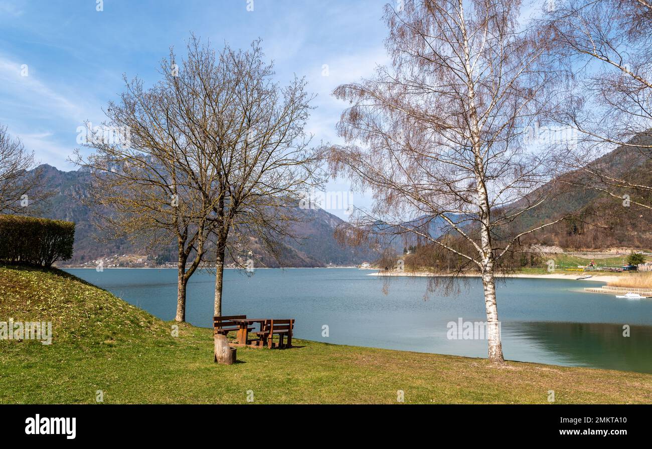 Ledro Lake in Ledro valley. Spring landscape. Trento province, Trentino Alto-Adige, Italy, Europe Stock Photo