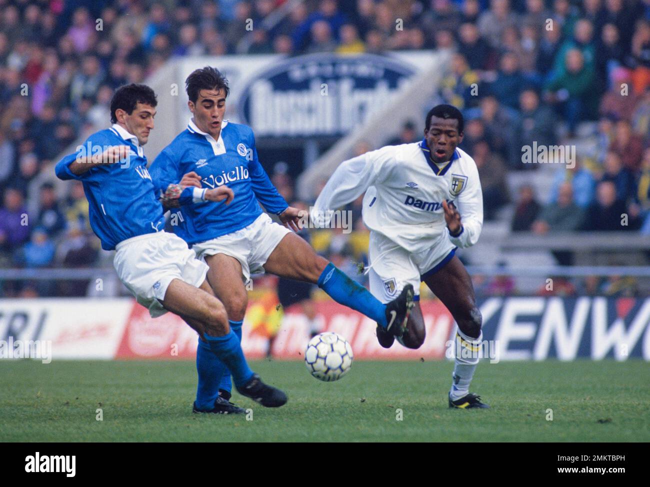 Fabio Cannavaro (Napoli) Faustino Asprilla (Parma) Ciro Ferrara (Napoli) ; December 19; 1993 - Football : Italian championship 1993 1994 ; 16Day ; match between Parma 1-3 Napoli at Ennio Tardini Stadium ; Parma, Italy; ;( photo by aicfoto)(ITALY) [0855] Stock Photo