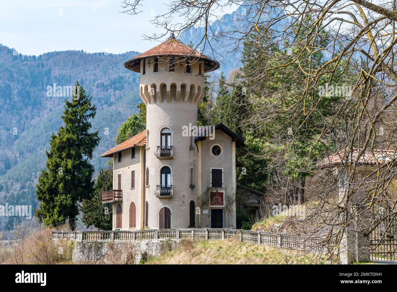 The Villa Dianella is 'the castle', historic home from the 900, in a privileged position overlooking the lake of Ledro - Mezzolago, Trento, Trentino A Stock Photo