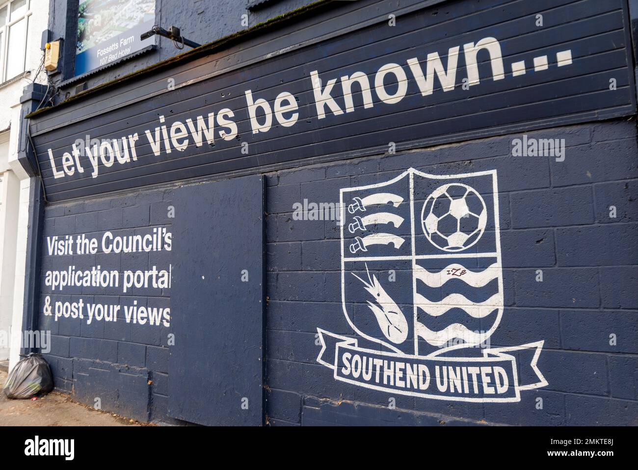 Let your views be known message at Roots Hall stadium of Southend Utd football ground, Southend on Sea, Essex, UK Stock Photo