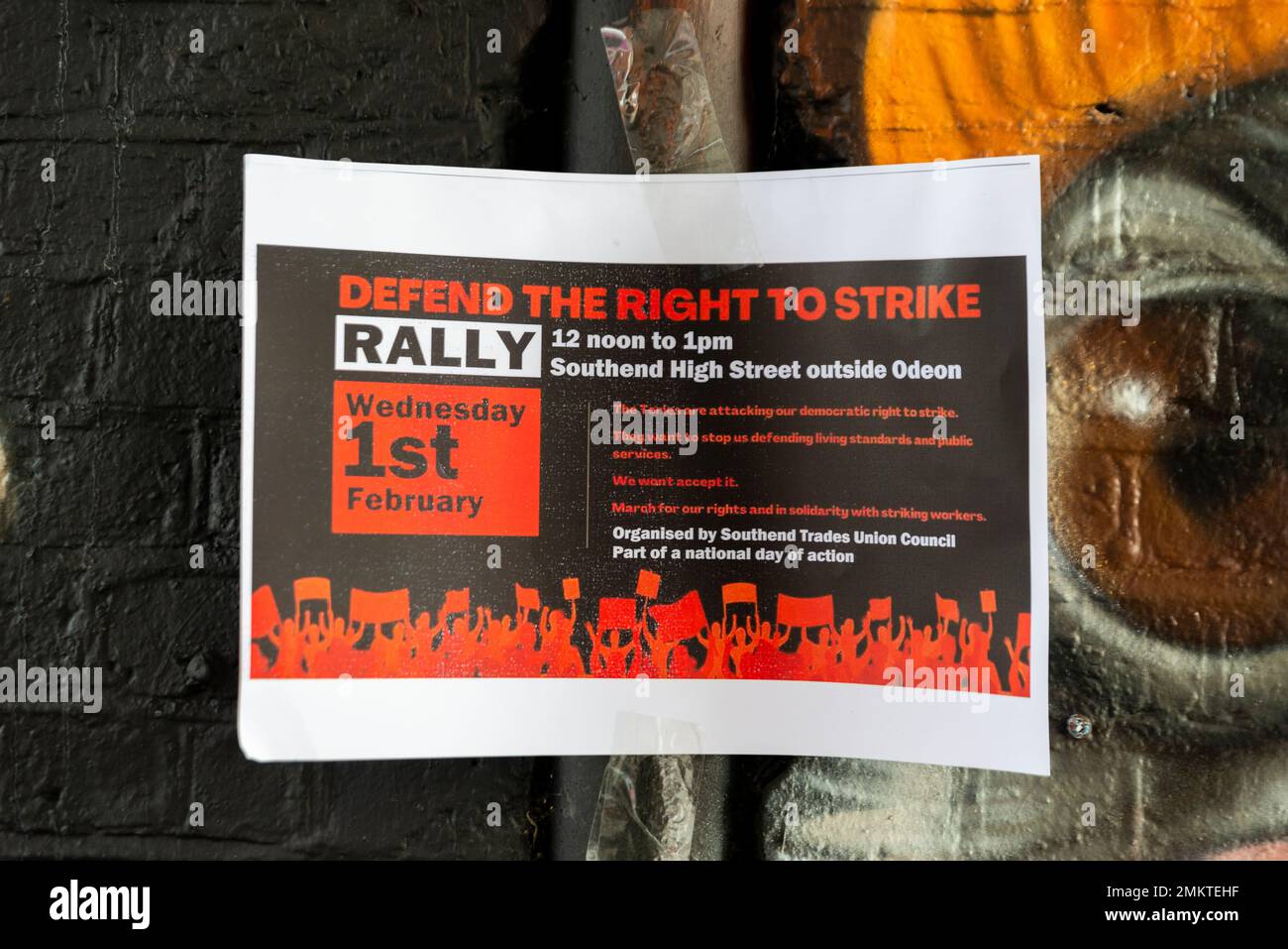 Flyer, poster advertising the Defend the Right to Strike protest event for 1 February 2023 in Southend on Sea, Essex, UK. Protest rally event Stock Photo