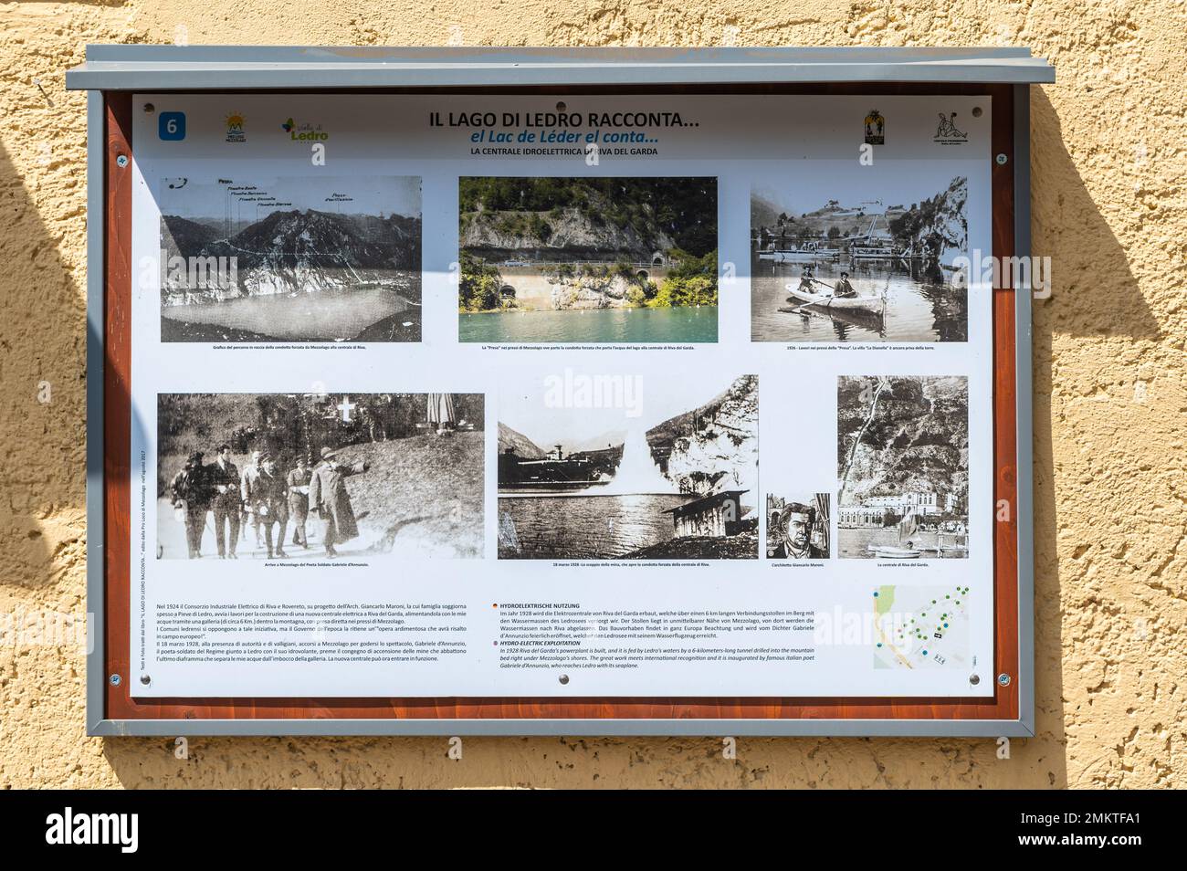 Historic Information board of the Ledro Lake in the Ledro Valley (the lake tells) -  Mezzolago Village, Trento province, Trentino Alto-Adige, Italy, E Stock Photo