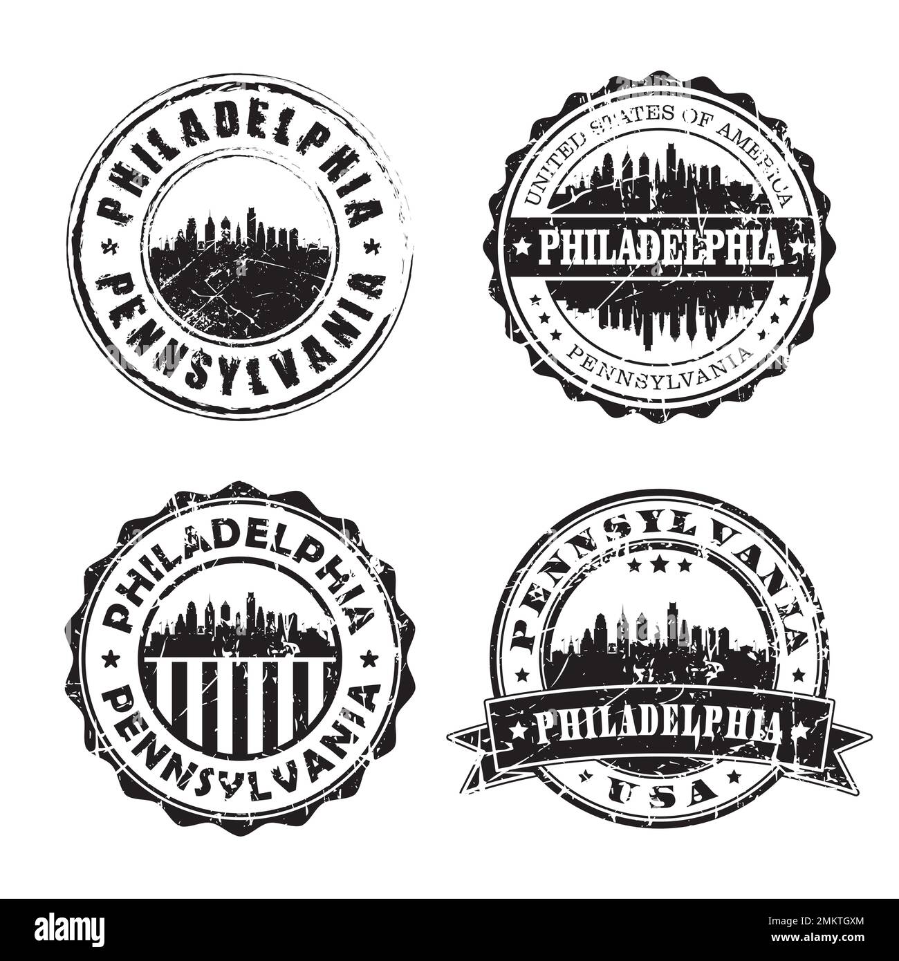 Philadelphia Pennsylvania Stamp Skyline Postmark. Silhouette Postal Passport. City Round Vector Icon Set. Vintage Postage Stock Vector