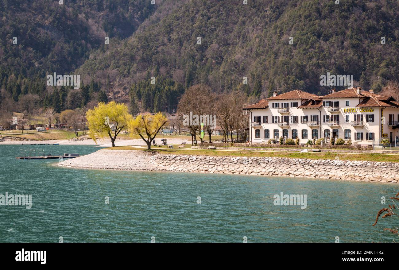 View of the famous Hotel Lido near Ladro lake in the smal town of Molina di Ledro, Ledro Valley, Trento province,Trentino Alto Adige, northern Italy, Stock Photo
