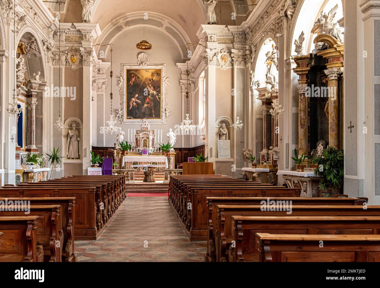 interior of the Church of  the Annunciation (XIII century): is located in the center of the hamlet of Pieve di Ledro, Ledro Valley,Trento, Italy Stock Photo