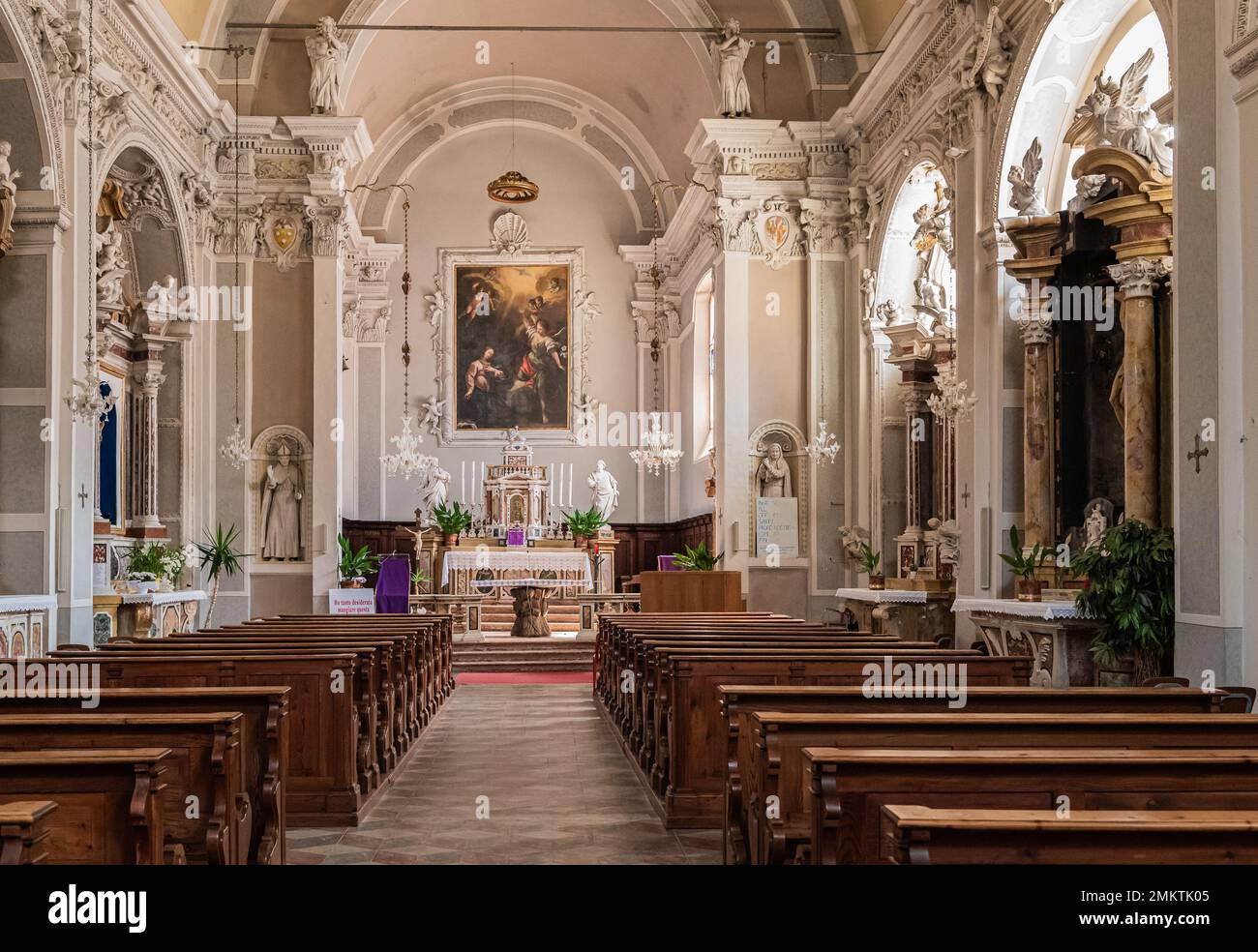 interior of the Church of  the Annunciation (XIII century): is located in the center of the hamlet of Pieve di Ledro, Ledro Valley,Trento, Italy Stock Photo