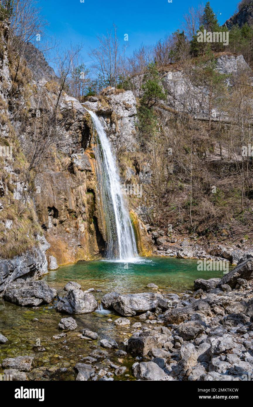 Waterfall d’Ampola is one of the most photogenic waterfalls of Italy, is located in Val d’Ampola, east of Storo Village, Trento province in the region Stock Photo