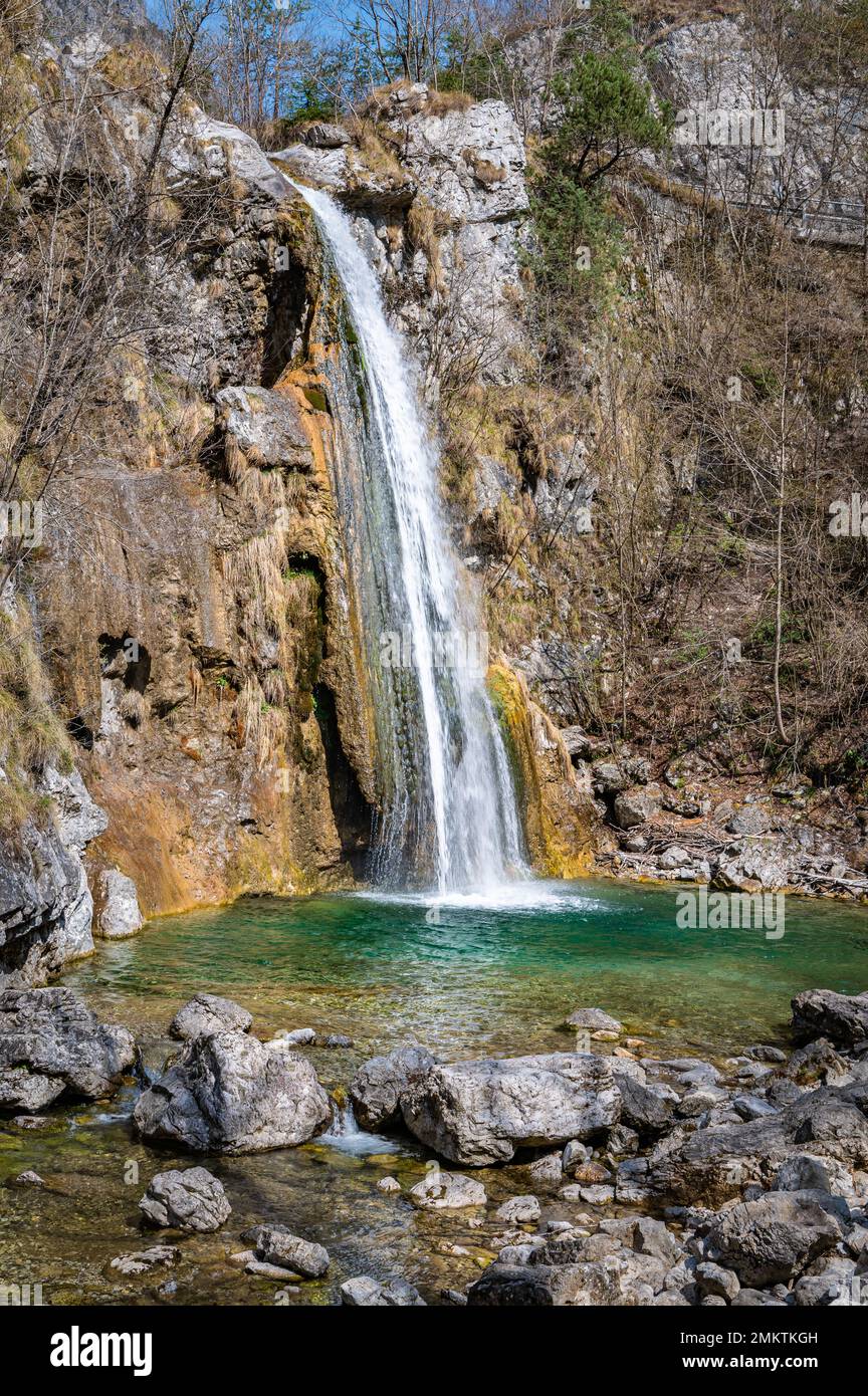 Waterfall d’Ampola is one of the most photogenic waterfalls of Italy, is located in Val d’Ampola, east of Storo Village, Trento province in the region Stock Photo