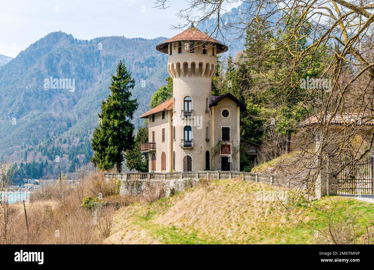 The Villa Dianella is 'the castle', historic home from the 900, in a privileged position overlooking the lake of Ledro - Mezzolago, Trento, Trentino A Stock Photo