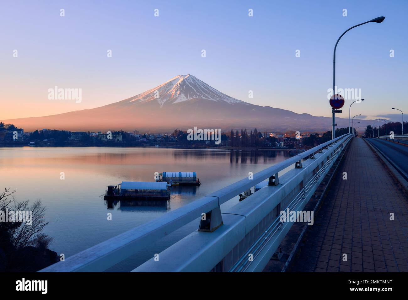Mount Fuji from Kawaguchiko Ohashi Bridge during sunrise. Stock Photo