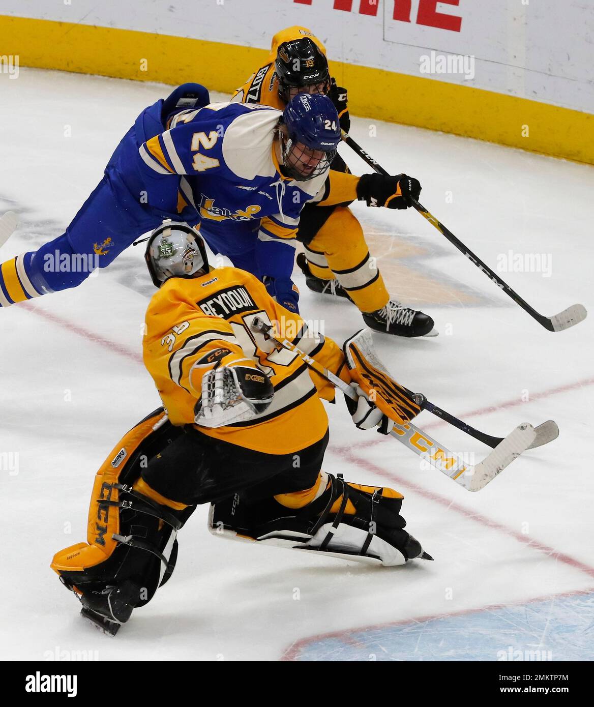 Lake Superior State forward Hampus scores on Michigan Tech goaltender