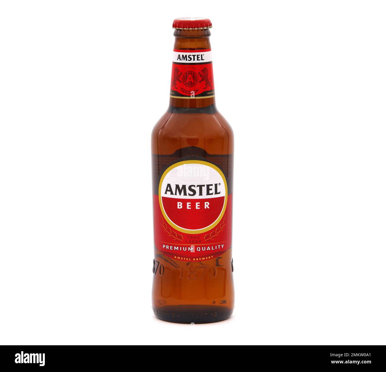 BUCHAREST, ROMANIA - JANUARY 18, 2020. Bottle of Amstel beer isolated on white Stock Photo