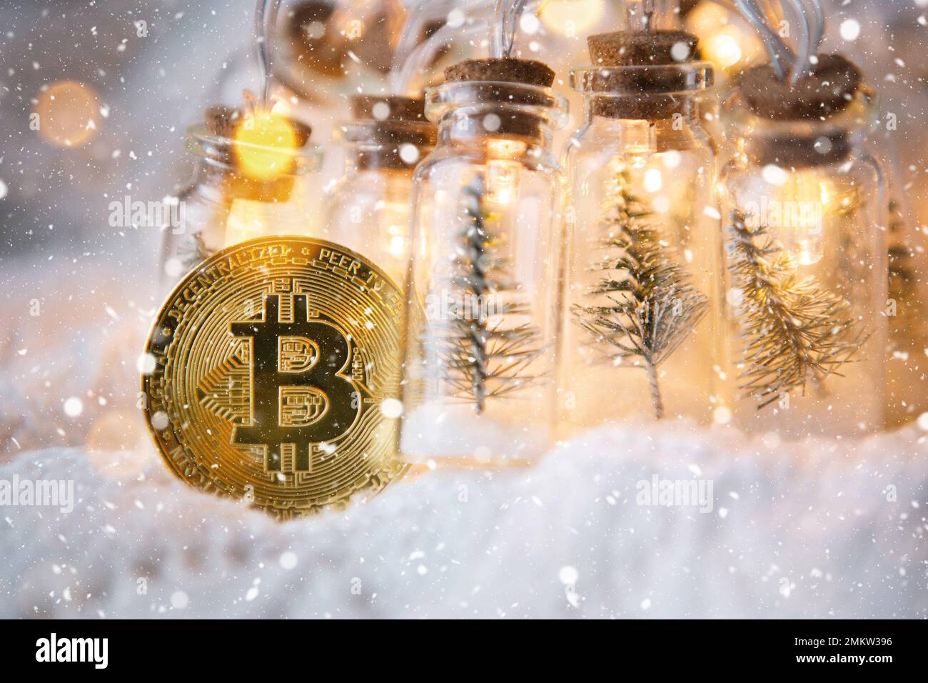 Bitcoin coin in the festive decor for Christmas and new year. Cryptocurrency,  finance, wealth and investing. Fairy lights, greeting card Stock Photo -  Alamy