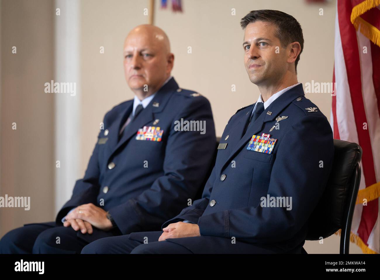Col. Hans F. Otto, right, assumes command of the 123rd Medical Group during a ceremony at the Kentucky Air National Guard Base in Louisville, Ky., Sept. 11, 2022. Otto is replacing Col. Michael A. Cooper, left, who has led the group since 2014 and is retiring. Stock Photo