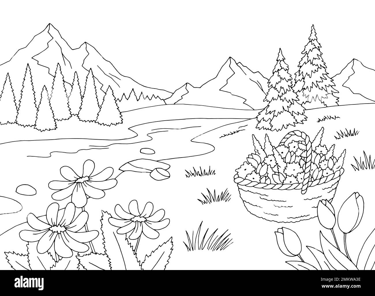Mountain river graphic black white landscape sketch illustration vector