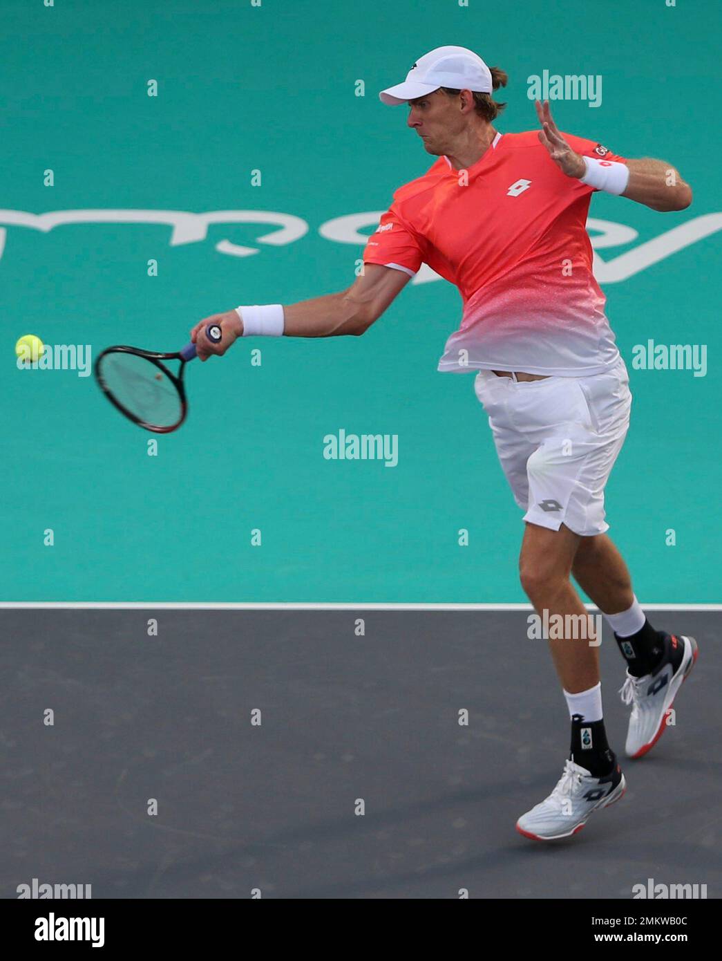 South Africa's Kevin Anderson returns the ball to South Korea's Hyeon Chung  on the opening day of the Mubadala World Tennis Championship in Abu Dhabi,  United Arab Emirates, Thursday, Dec. 27, 2018. (