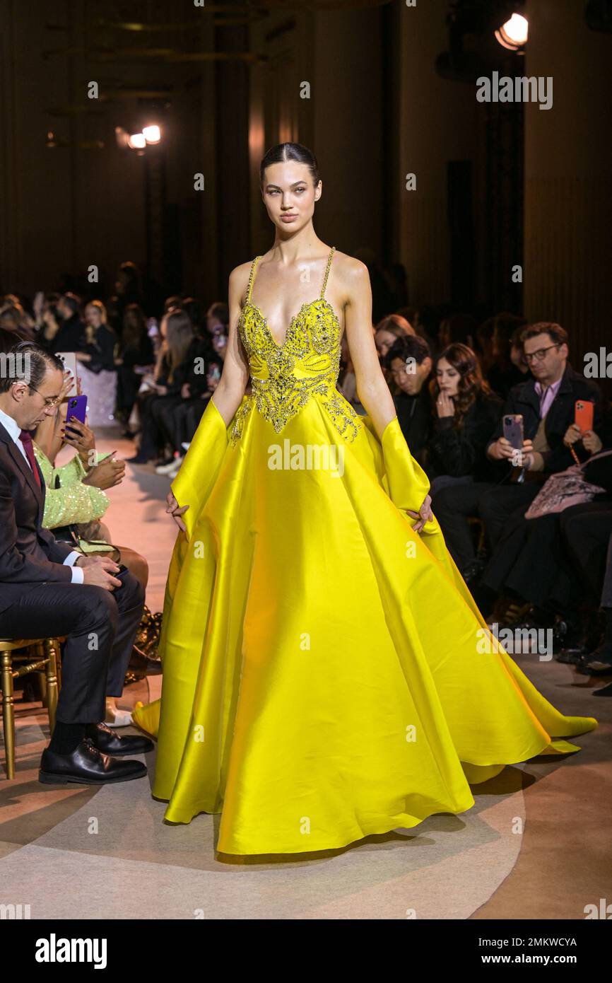 Paris, France. 29th Jan, 2023. A model displays a creation by Lebanese  fashion designer Zuhair Murad as part of Haute Couture Spring Summer 2023  week, in Paris, France, on January 25, 2023.