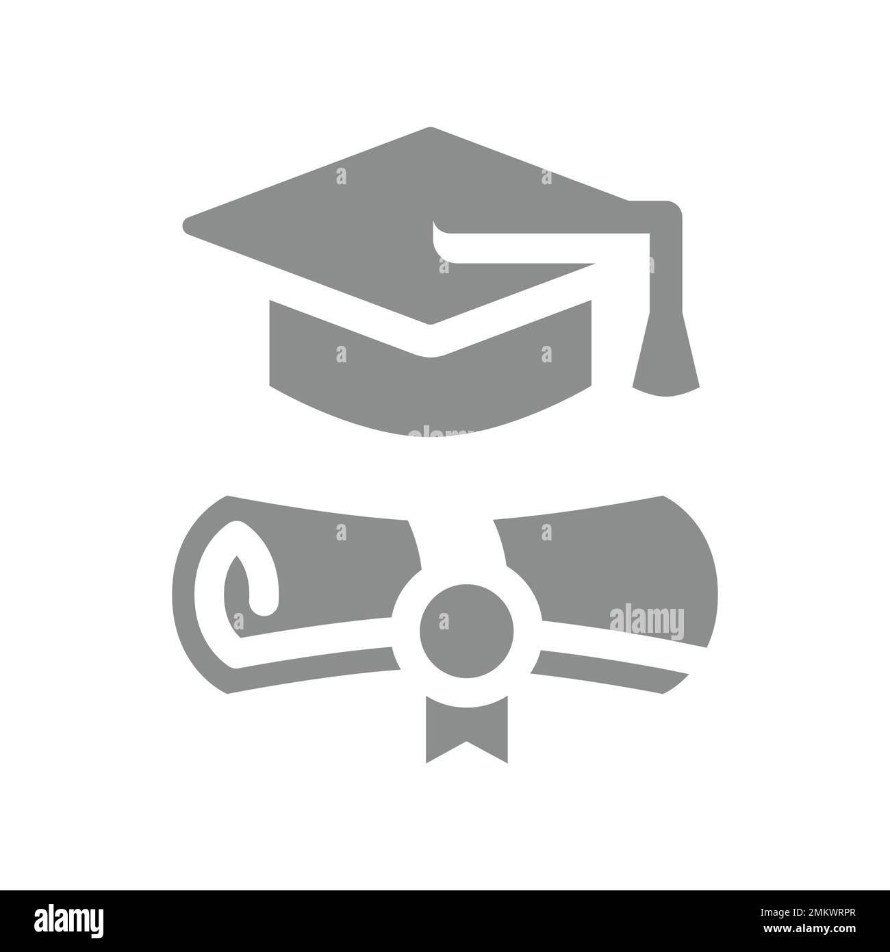 Diploma certificate and graduation cap icon. Academic degree fill vector symbol. Stock Vector