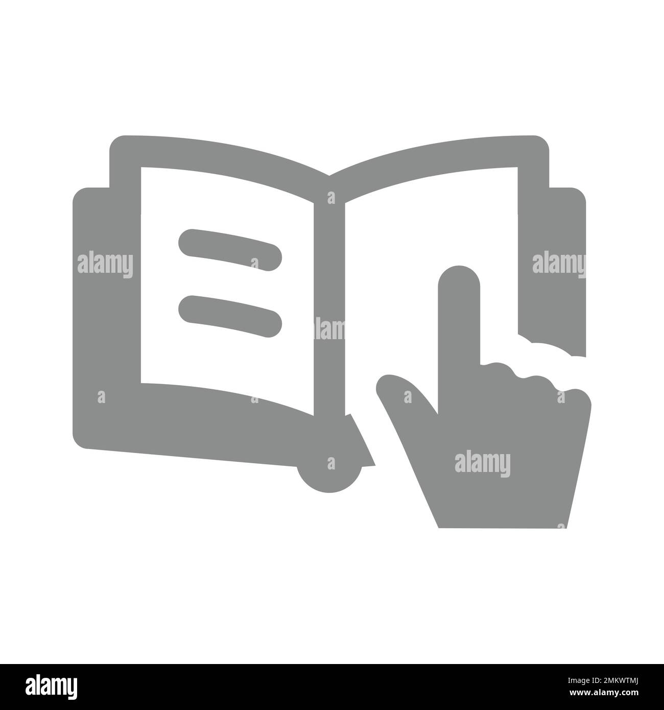 Open book and cursor hand vector icon. Manual, read or e reader fill symbol. Stock Vector
