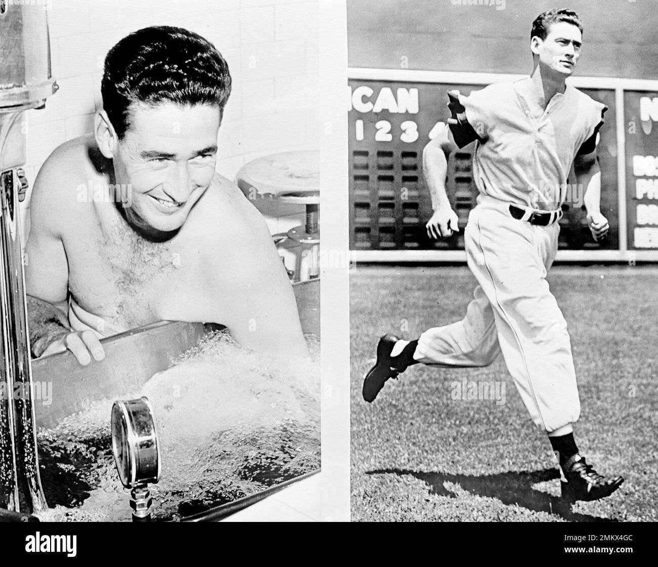 Ted Williams injured Boston Red Sox star left fielder nurses his arm in a whirlpool bath and runs around Fenway Park Boston July 27 1950 during his exercise schedule. Williams who injured